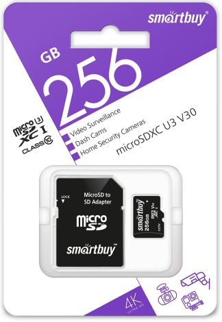 Карта памяти MicroSDXC_256 Gb SmartBuy для видеонаблюдения для регистр., экшн-камер/cl10 U3 V30 / SB256GBSDCCTV