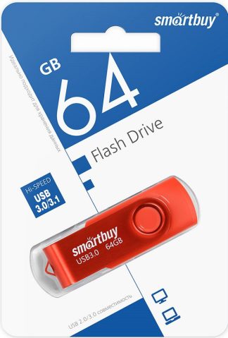 USB флеш накопитель 64 Gb SmartBuy Twist Red USB 3.0 пластик-металл/поворотная/R/W 70/40Mb/SB064GB3TWR