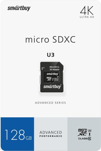 Карта памяти MicroSDXC_128 Gb SmartBuy class 10 Advanced 90/55 Mb/s U3 V30 A1 / SB128GBSDU1A-AD
