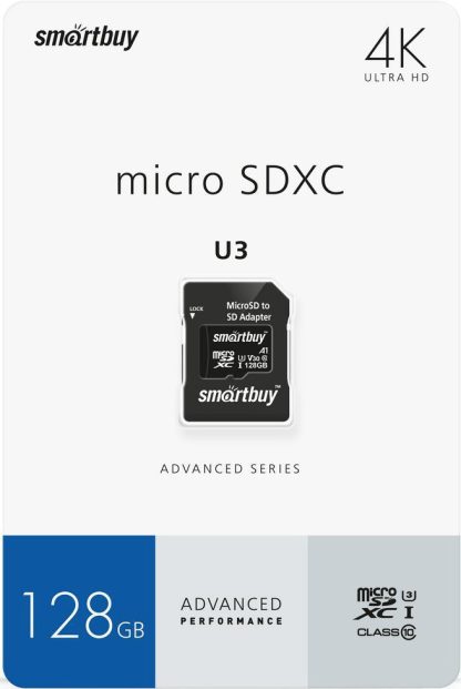 Карта памяти MicroSDXC_128 Gb SmartBuy class 10 Advanced 90/55 Mb/s U3 V30 A1 / SB128GBSDU1A-AD