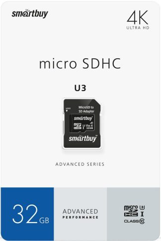 Карта памяти MicroSDHC 32 Gb SmartBuy class 10 Advanced 90/55 Mb/s U3 V30 A1 / SB32GBSDU1A-AD