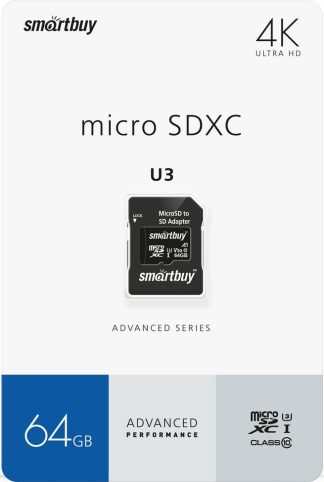 Карта памяти MicroSDXC 64 Gb SmartBuy class 10 Advanced 90/55 Mb/s U3 V30 A1 / SB64GBSDU1A-AD