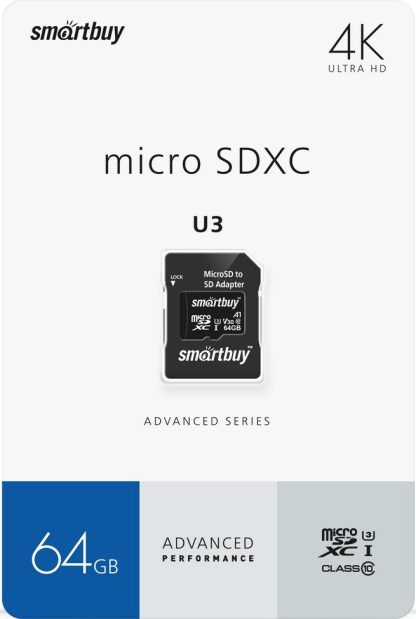 Карта памяти MicroSDXC 64 Gb SmartBuy class 10 Advanced 90/55 Mb/s U3 V30 A1 / SB64GBSDU1A-AD