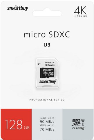 Карта памяти MicroSDXC_128 Gb SmartBuy class10 PRO90/70Mb/s для видеорегистр. UHS-I (U3)  SB128GBSDCL10U3-01