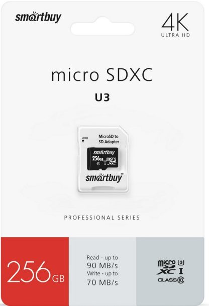 Карта памяти MicroSDXC_256 Gb SmartBuy class10 PRO90/70Mb/s UHS-I (U3)  SB256GBSDCL10U3-01